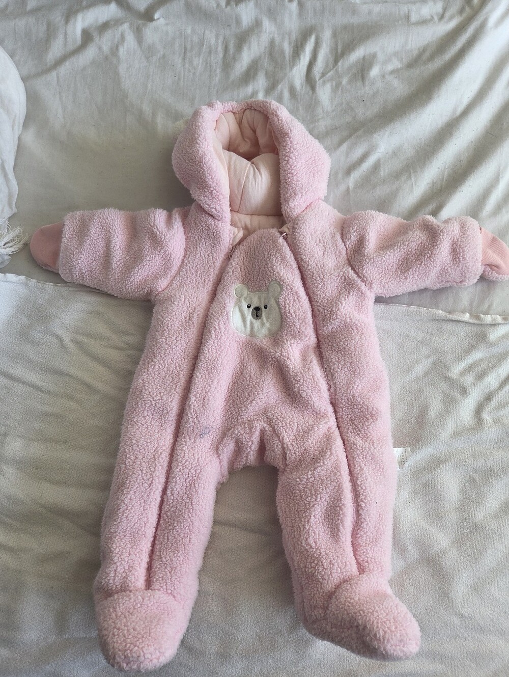 Pink Sherpa Fleece Baby Snowsuit / Bunting with Hood (Size 3-6M)